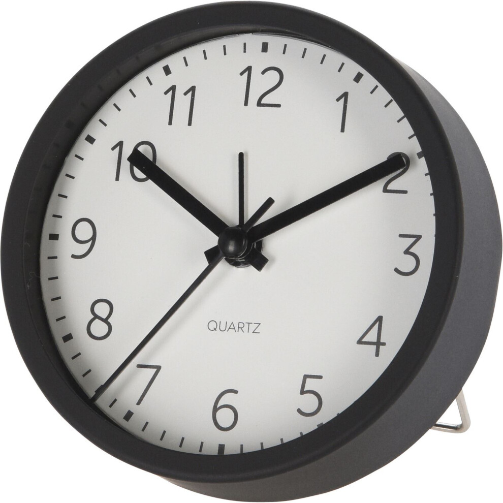 Round Black Analogue Alarm Clock | Modern Bedside Table Alarm Clock with Stand | Battery-operated Desk Clock - 9cm
