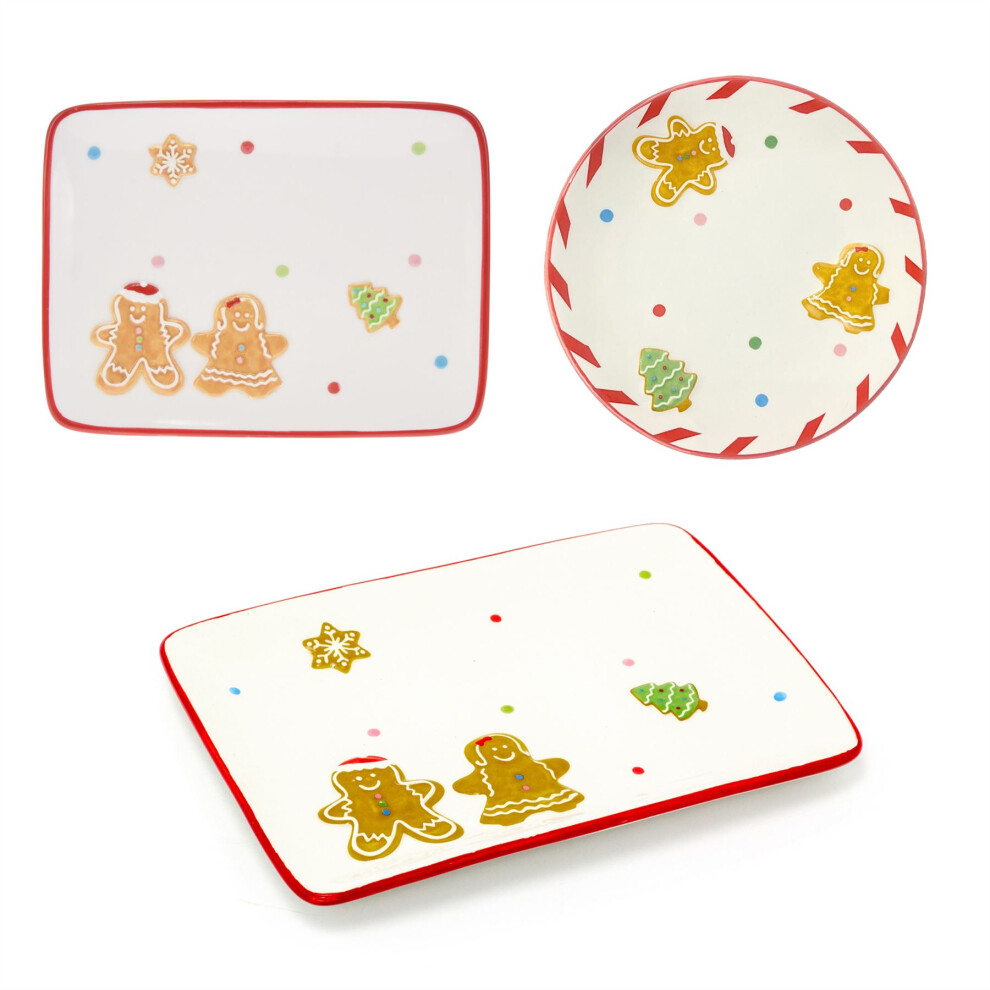 Set of 3 Ceramic Christmas Gingerbread Plates | Festive Serving Dishes Christmas Serving Plates | Christmas Tableware Xmas Snack Plates