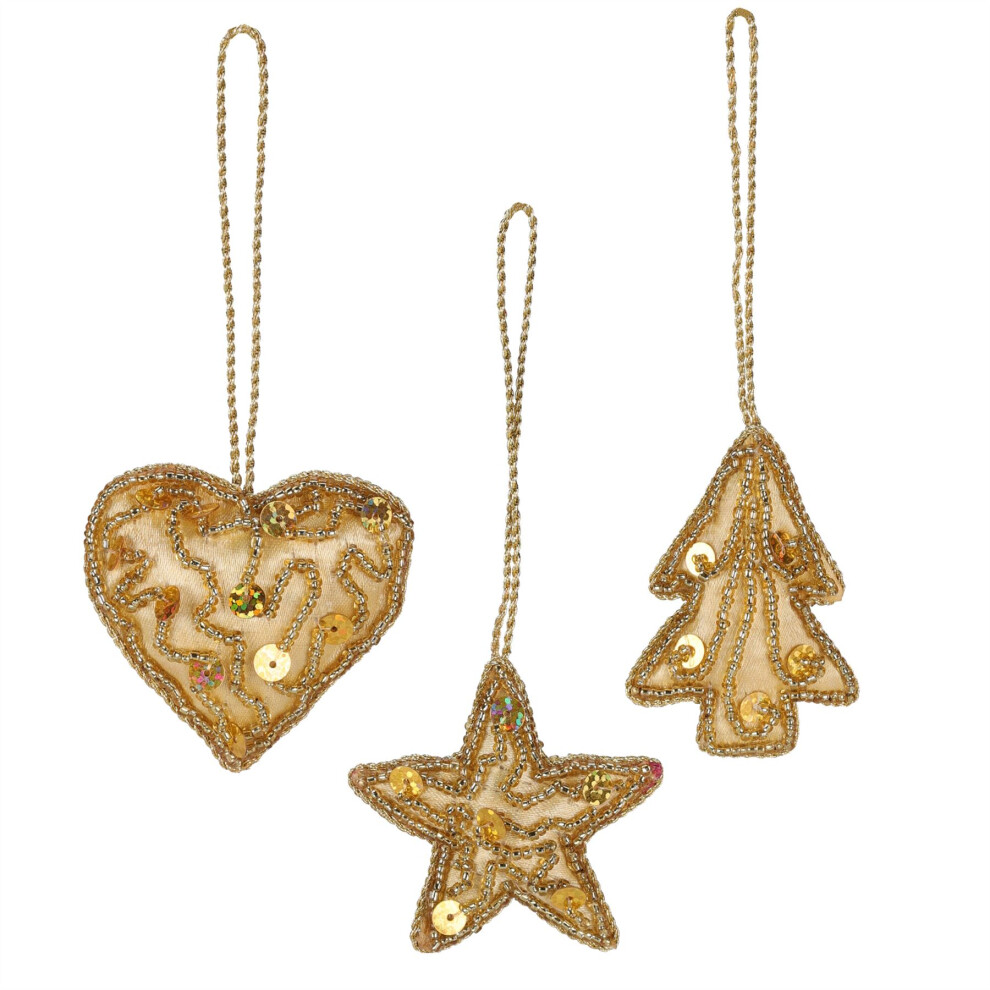 Set Of 3 Gold Christmas Tree Hanging Decorations | 3-piece Tree Star Heart Christmas Ornaments For Tree | Festive Christmas Baubles In Gold