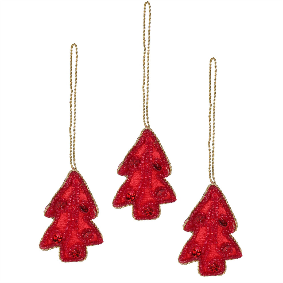 Set Of 3 Red Tree Christmas Tree Hanging Decorations | 3-piece Tree Star Heart Christmas Ornaments For Tree | Festive Christmas Baubles In Red