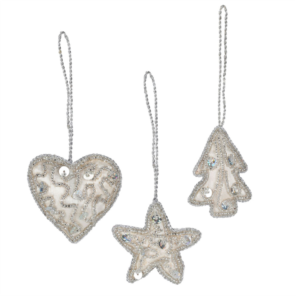 Set Of 3 Ivory Sequin Christmas Tree Hanging Decorations | 3-piece Tree Star Heart Christmas Ornaments For Tree | Festive Christmas Baubles In Ivory
