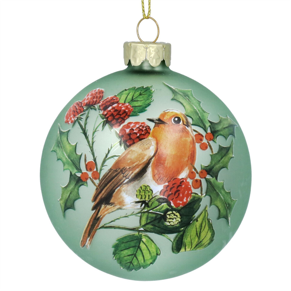 Carousel Robin Redbreast Christmas Bauble | Glass Christmas Tree Bauble Christmas Tree Hanging Ornament | Hanging Decoration For Christmas Tree - 8Cm Green