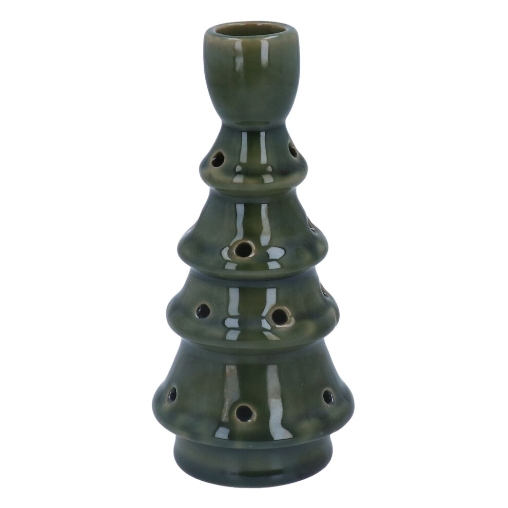 Carousel Led Christmas Tree Candlestick | Ceramic Tree Shaped Candle Holder | Tapered Dinner Candle Holder Candle Stand - 16.5Cm Green