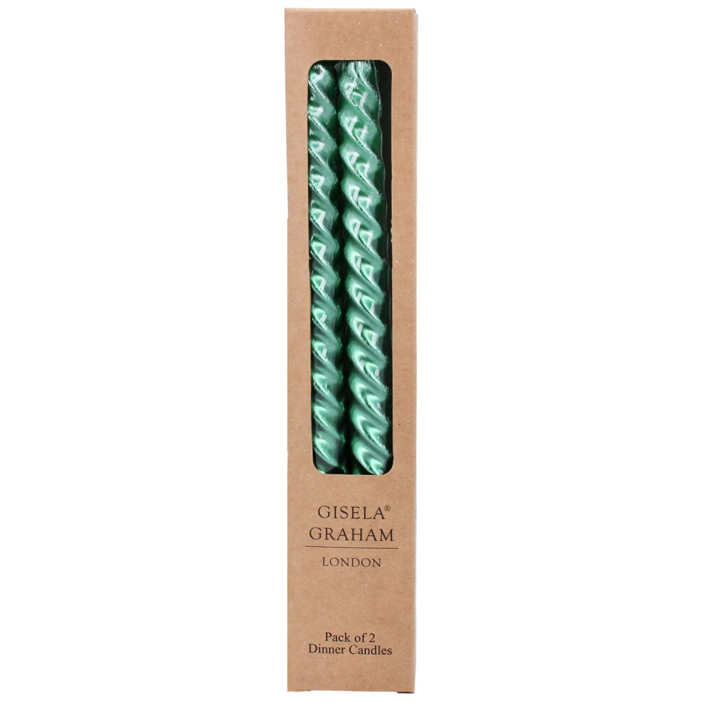 Pair of Metallic Green Twist Dinner Candles | Traditional Tall Unscented Tapered Dinner Candles | Set of 2 Taper Christmas Candles - 25cm