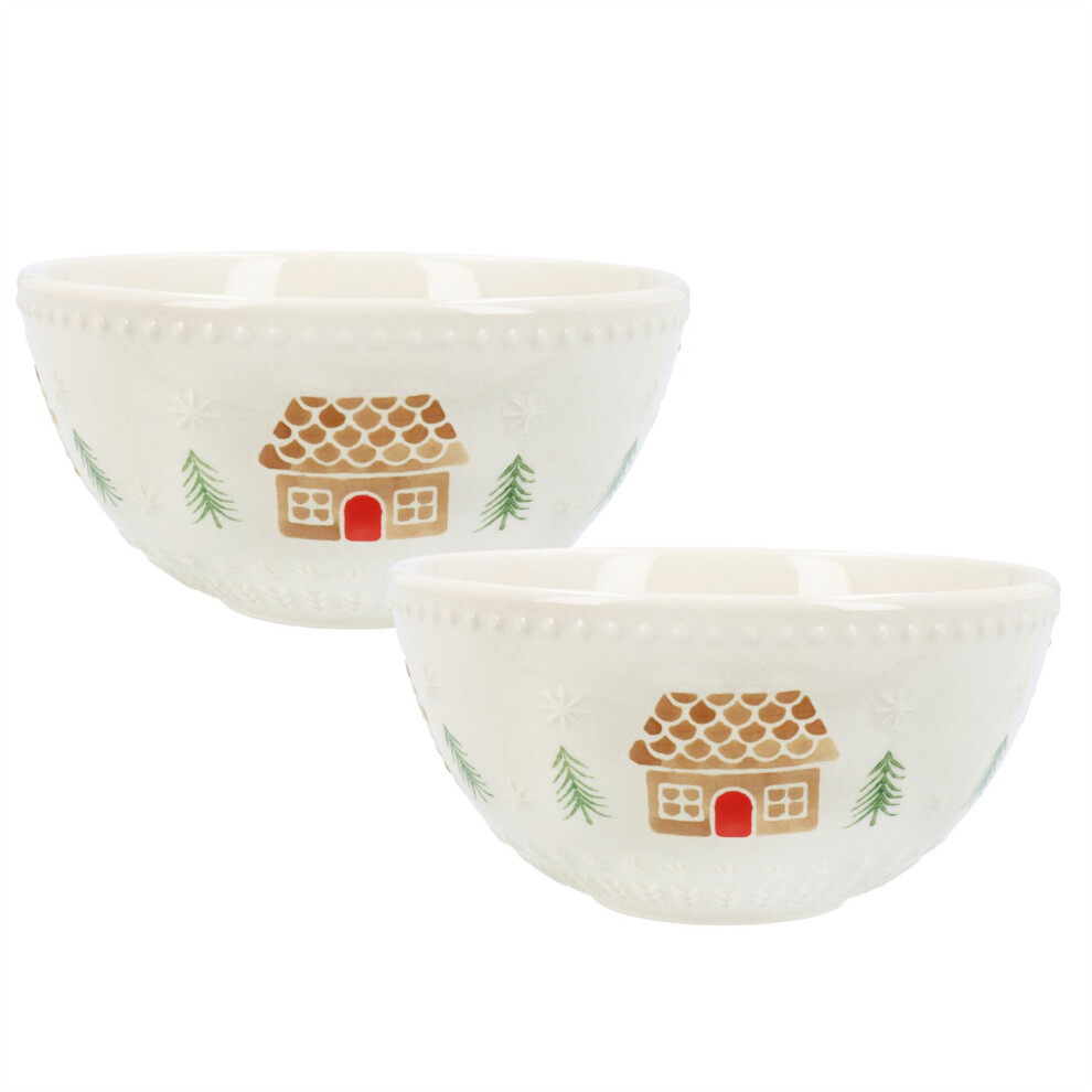 Carousel Pack Of 2 Gingerbread House Stoneware Bowl | Christmas Snack Nibbles Bowl | Festive Serving Dish Christmas Serving Bowl Xmas Bowl - 12Cm