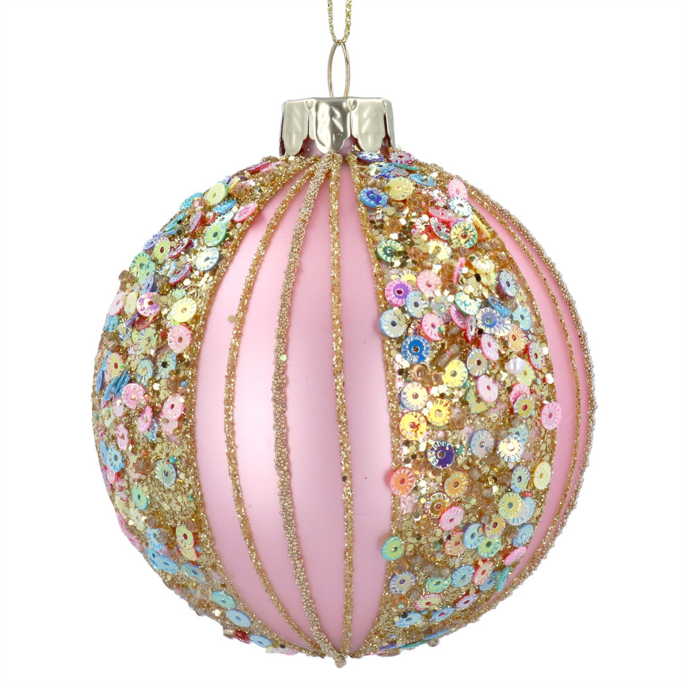 Matt Pink Christmas Bauble with Sequins | Luxury Christmas Tree Bauble Christmas Tree Hanging Ornament | Hanging Decoration for Christmas Tree - 8cm
