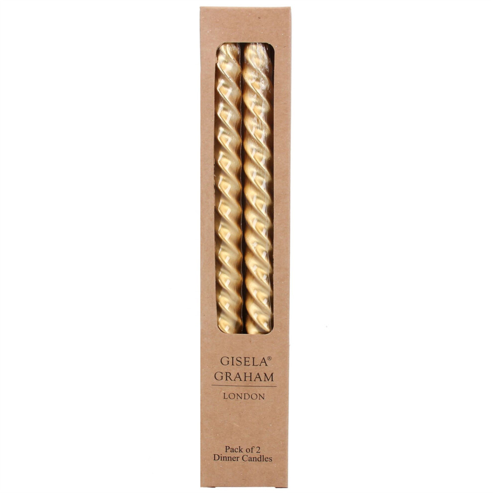 Pair of Metallic Gold Twist Dinner Candles | Traditional Tall Unscented Tapered Dinner Candles | Set of 2 Taper Christmas Candles - 25cm