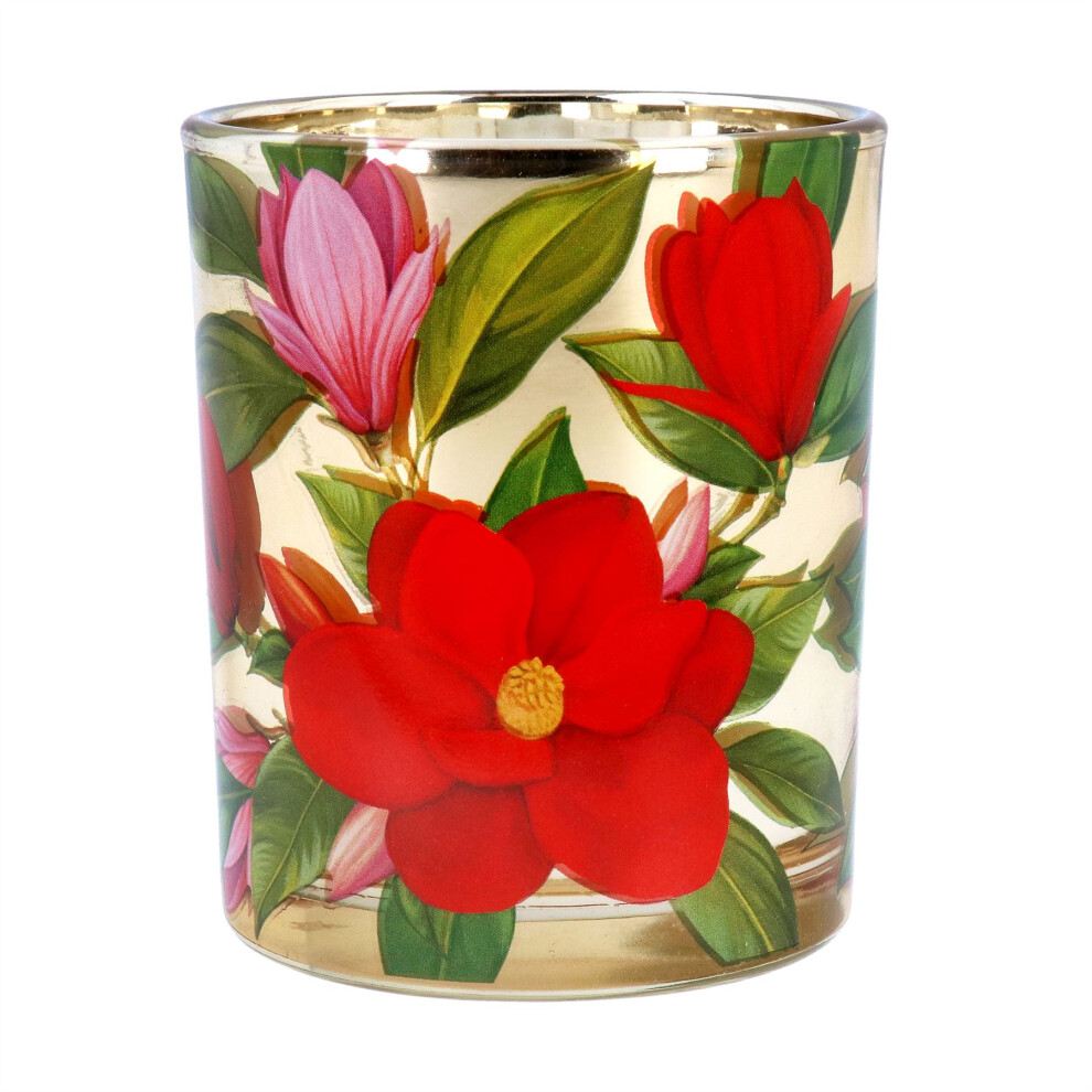 Red Magnolia Tealight Holder | Round Glass Christmas Candle Holder | Xmas Tea light Votive Pot Candle Gifts - 7cm