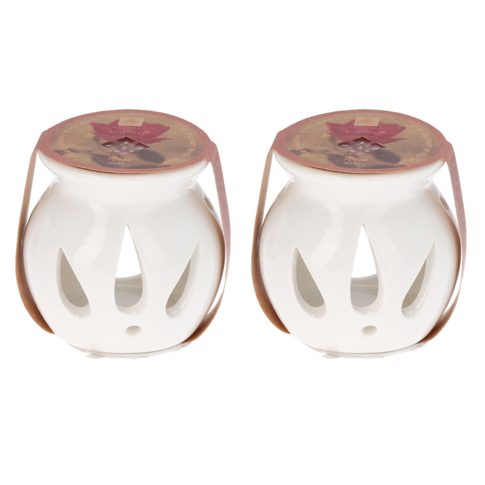 Pack of 2 Ceramic Wax Burner with Rose Scented Wax Melt | Tealight Candle Holder Essential Oil Fragrance Burner | Aromatherapy Gift - 8cm