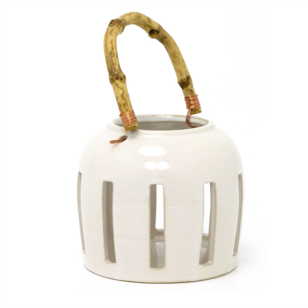 White Ceramic Candle Lantern With Bamboo Handle | Hanging Tea Light Candle Holder | Rustic Candle Lantern - 13x13cm