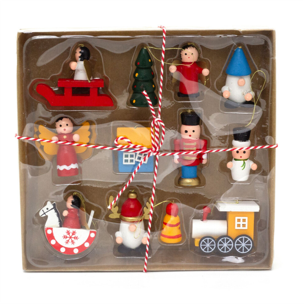 Carousel Set Of 12 Traditional Christmas Tree Ornaments | 12-Piece Wooden Hanging Tree Decoration | Classic Wood Baubles For Christmas Tree