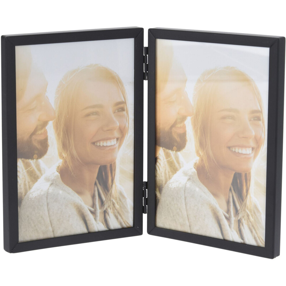 Black Metal Double Photo Frame | Freestanding 2 Aperture Dual Picture Frame | Collage Picture Frame Tabletop Photo Frame 6x4