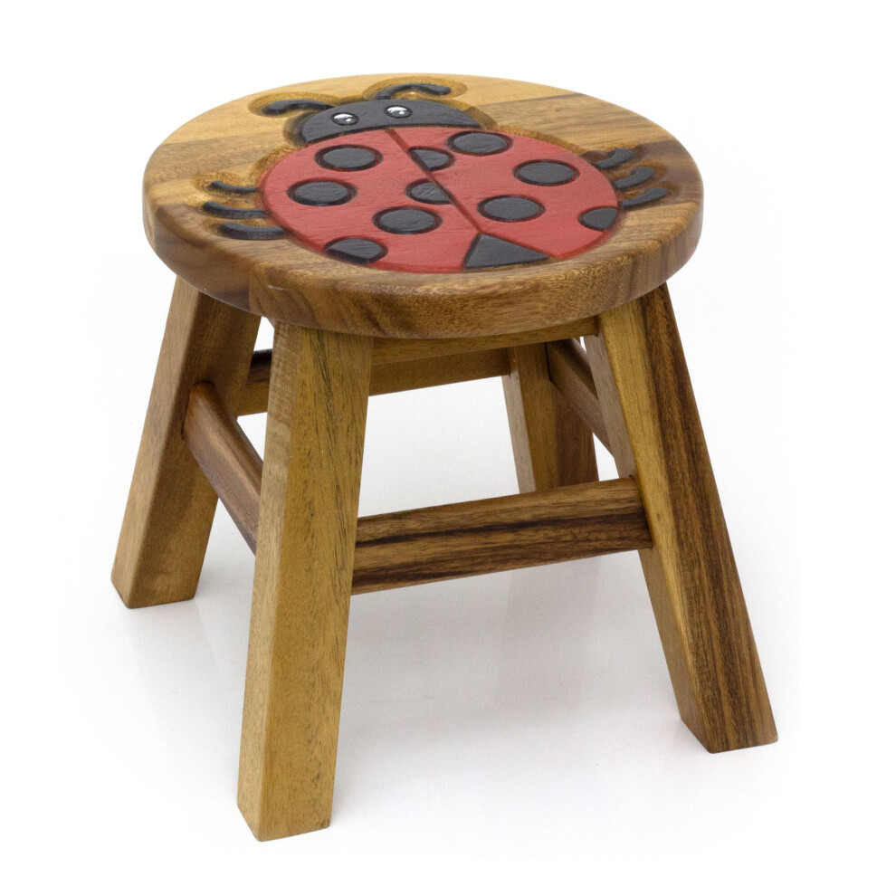 Children's Wooden Ladybird Stool | Small Round Wooden Footstool | Kids Ladybug Design Wood Step Stool Seat - 25cm