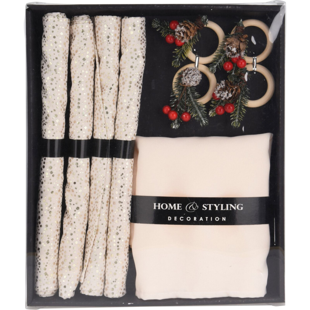 12 Piece Christmas Table Setting | Set of 4 Fabric Napkins Placemats & Wooden Napkin Rings | Festive Table Napkin Set With Christmas-themed Rings