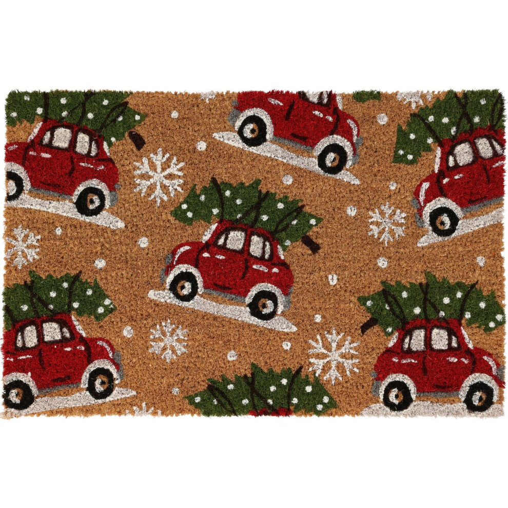 Cars Christmas Doormat | Rectangular Entrance Christmas Welcome Door Mat | Non-slip PVC Backed Natural Coir Festive Doormat - 59x39cm