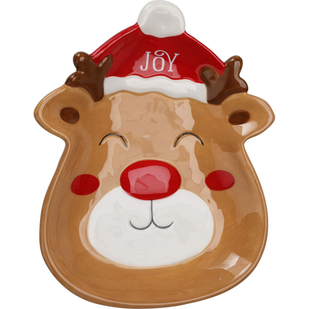 Ceramic Reindeer Christmas Plate | Novelty Christmas Character Snack Plate | Christmas Serving Dish Snack Nibbles Bowl - 19cm
