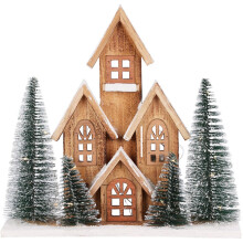 LED Wooden Christmas House with Bottle Brush Trees | Light Up Christmas House Ornament | Christmas Village Light Up House with Timer - 30cm