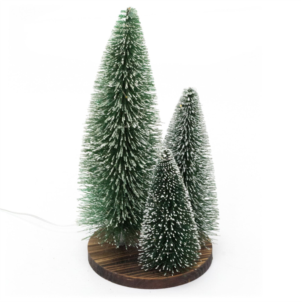 LED Bottle Brush Christmas Trees on Wooden Base | Snowy Green Light-Up Trees - Image 2