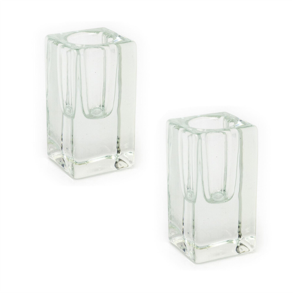 Pack of 2 Clear Glass Candlestick | Tapered Dinner Candle Holder Candle Stand | Square Glass Candle Holder - 8cm