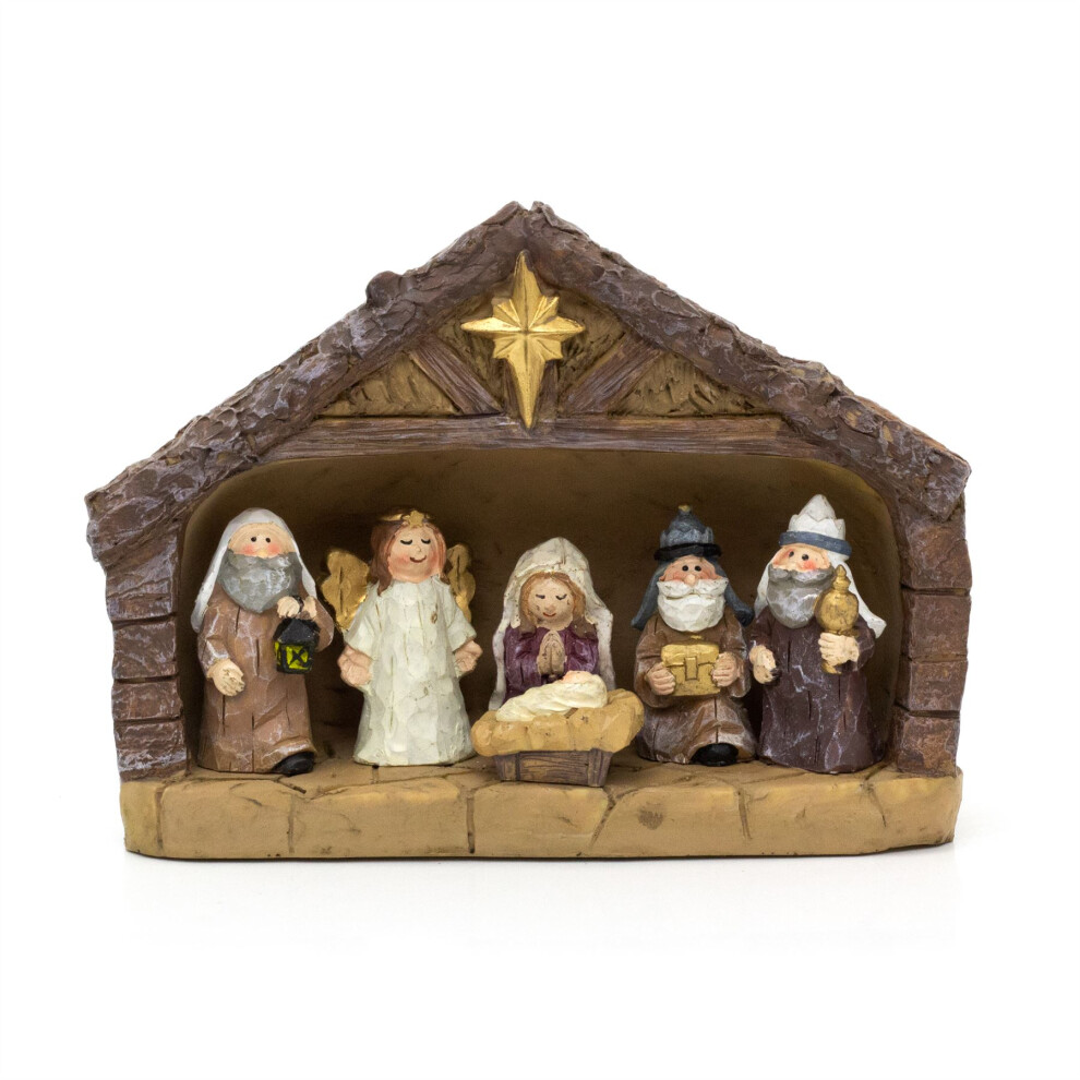 Traditional Christmas Nativity Set with 6 Figures | Christmas Stable Ornament and Resin Statues Crib Nativity Scene - 22.5x18cm
