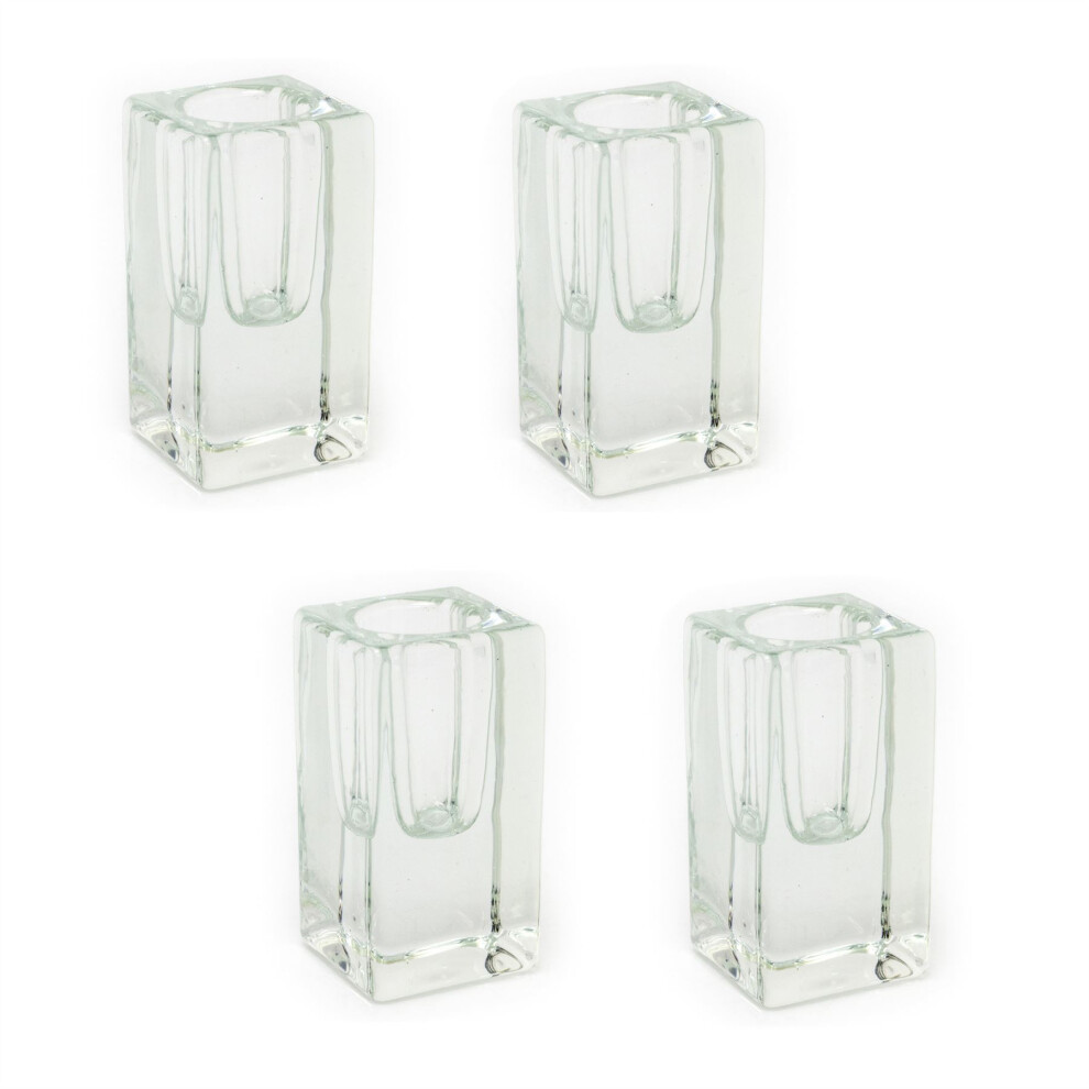 Pack of 4 Clear Glass Candlestick | Tapered Dinner Candle Holder Candle Stand | Square Glass Candle Holder - 8cm