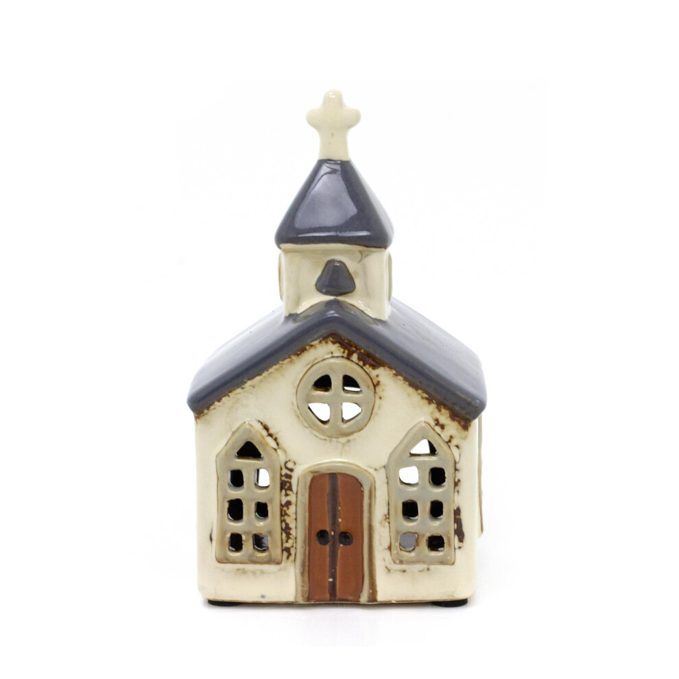 Ceramic Church Tealight Votive Holder | Village Chapel Tea Light Candle Holder | Pottery Church Ornament - 14cm