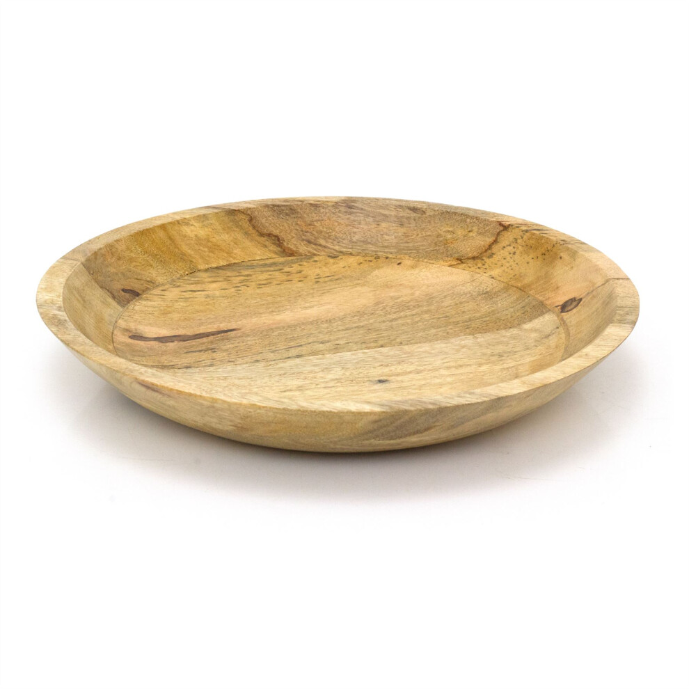 Carousel Natural Mango Wood Shallow Fruit Bowl | Large Round Wooden Fruit Bowl | Rustic Kitchen Serving Dish - 37Cm