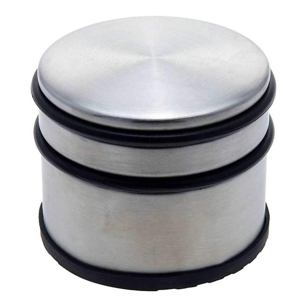 Chunky Stainless Steel Doorstop | Round Silver Metal Rubber Door Stop | Heavy Duty Door Stopper with Bumper - 9x8cm