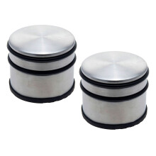 Pack of 2 Chunky Stainless Steel Doorstops | Round Silver Metal Rubber Door Stops | Heavy Duty Door Stopper with Bumper - 9x8cm