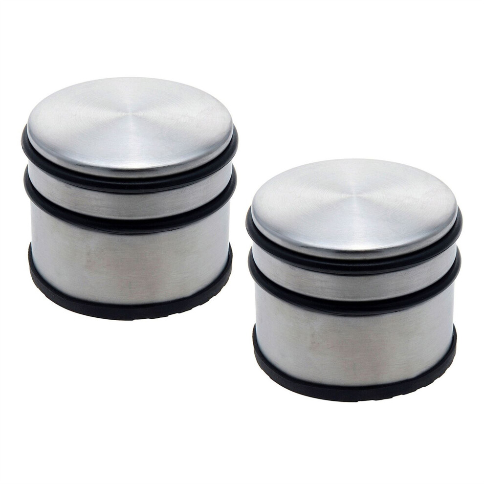 Pack of 2 Chunky Stainless Steel Doorstops | Round Silver Metal Rubber Door Stops | Heavy Duty Door Stopper with Bumper - 9x8cm