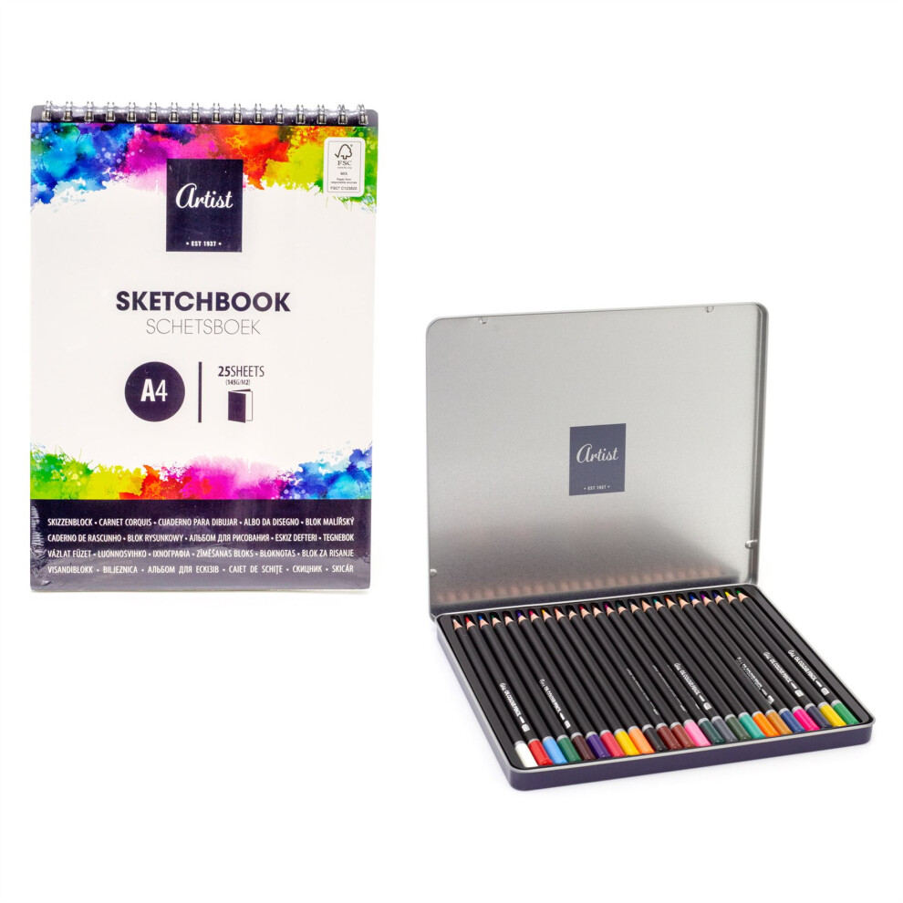 24-Piece Colouring Pencil Set & A4 Sketch Pad | Vibrant Colour Pencils and Sketching Paper for Artists | Drawing Colouring Art Supplies