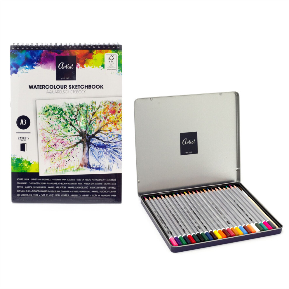 24-Piece Watercolour Pencil Set & A3 Sketch Pad | Water Colour Pencils and Sketching Paper for Artists | Painting Colouring Art Supplies
