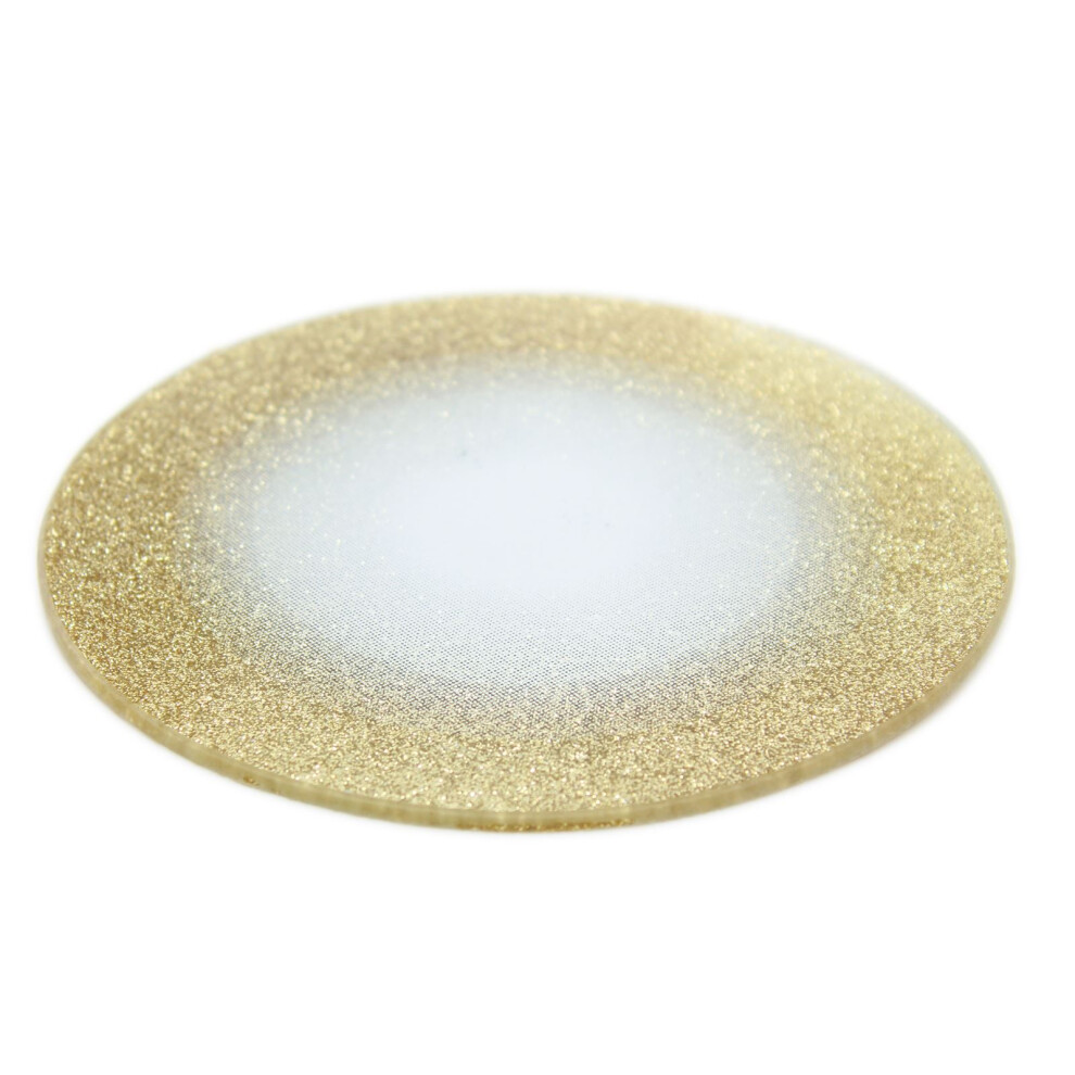 Round Glitter Glass Mirror Candle Plate Stand - Gold Sparkle Candles Coaster 15cm