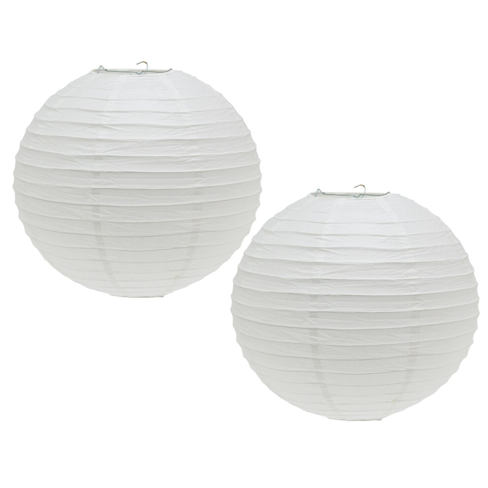 Pack Of 2 Round White Paper Light Shade Lantern | Classic Bamboo Style Ribbed Paper Lampshade | Hanging Circle Ceiling Lightshade