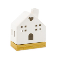 White Ceramic LED Christmas House Ornament On Bamboo Base | Christmas Village Light Up House | LED Christmas House Night Light Christmas Decoration