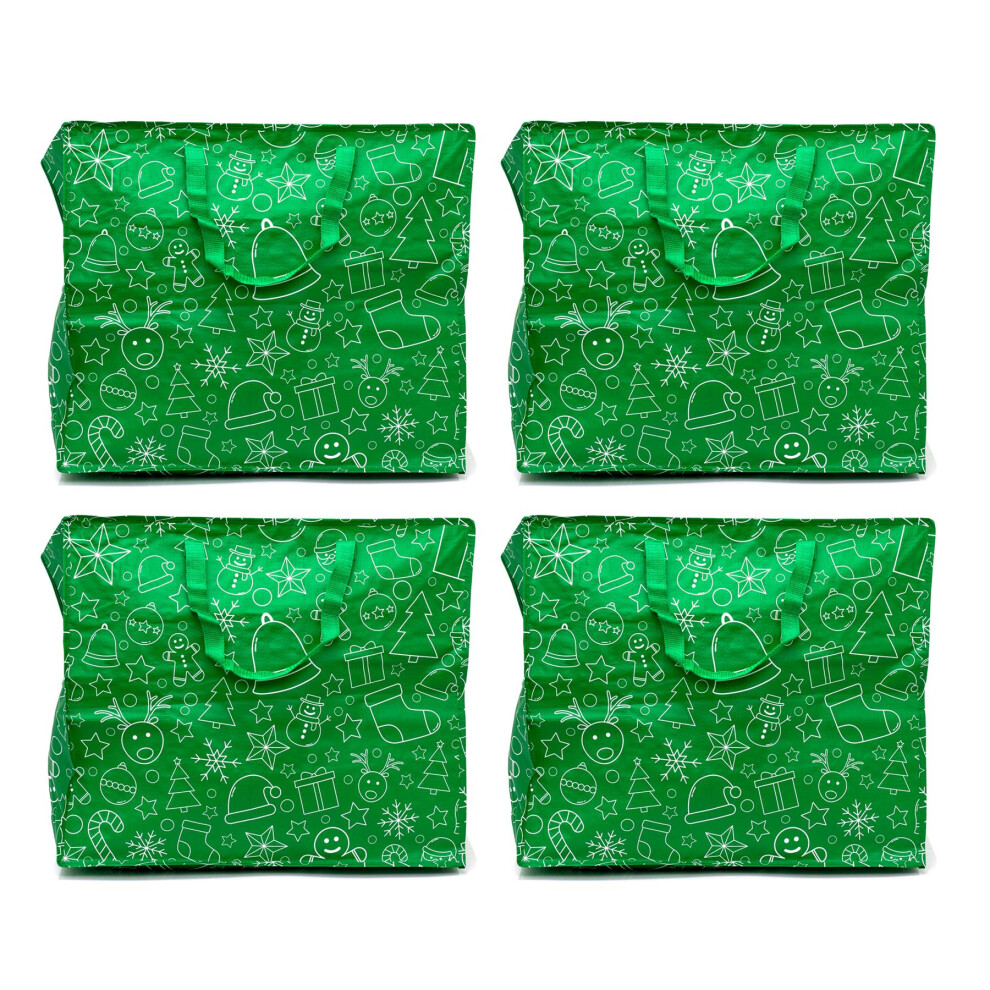 Pack of 4 Large Green Christmas Bag | Christmas Grocery Bag Christmas Tote Bag | Large Shoulder Bag Reusable Shopping Bag 48x55cm