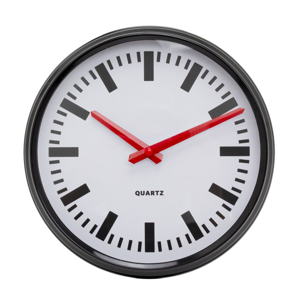 Retro Station Wall Mounted Clock | Black & Red Chunky Wall Clock | Round Metal Wall Hanging Clock - 23cm