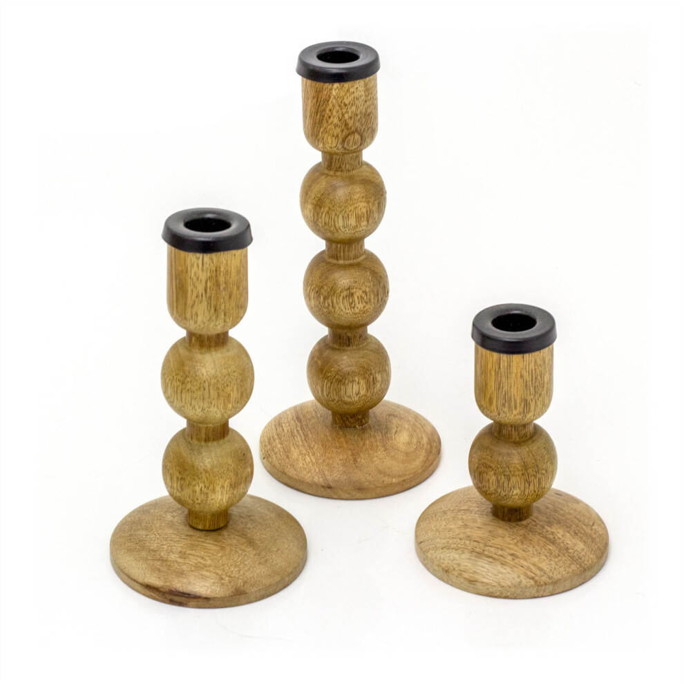 Set Of 3 Mango Wood Candlesticks | 3 Piece Candle Stand Wooden Candle Holder Set | Rustic Dinner Candle Stick Holders