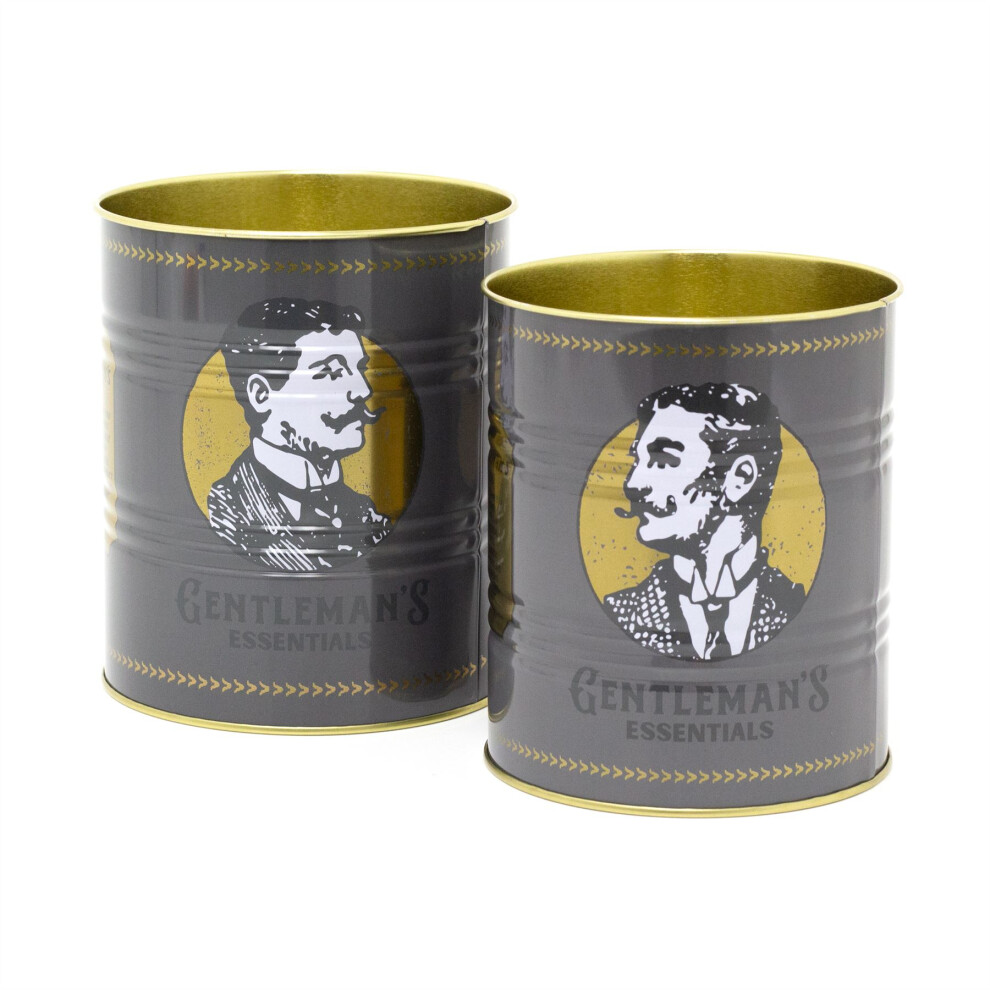 Set of 2 Decorative Gentleman's Essentials Tin Cans | 2 Piece Grey Retro Metal Storage Tin Set | Vintage Style Metal Display Cans