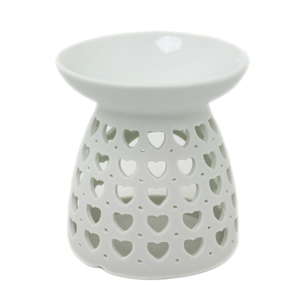 Heart Cut-Out White Ceramic Essential Oil Burner | Tealight Candle Holder Wax Melt Burner | Votive Candle Fragrance Diffuser - Aromatherapy Gift