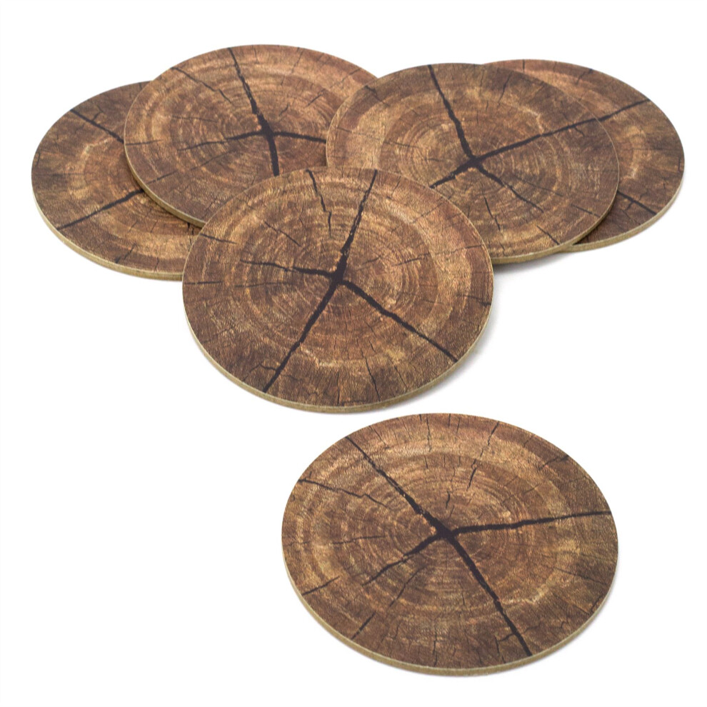 Set Of 6 Round Tree Trunk Print Coasters | Bark Design Cork Backed Coaster Set | 6 Piece Drinks Coasters Cup Mug Table Mats