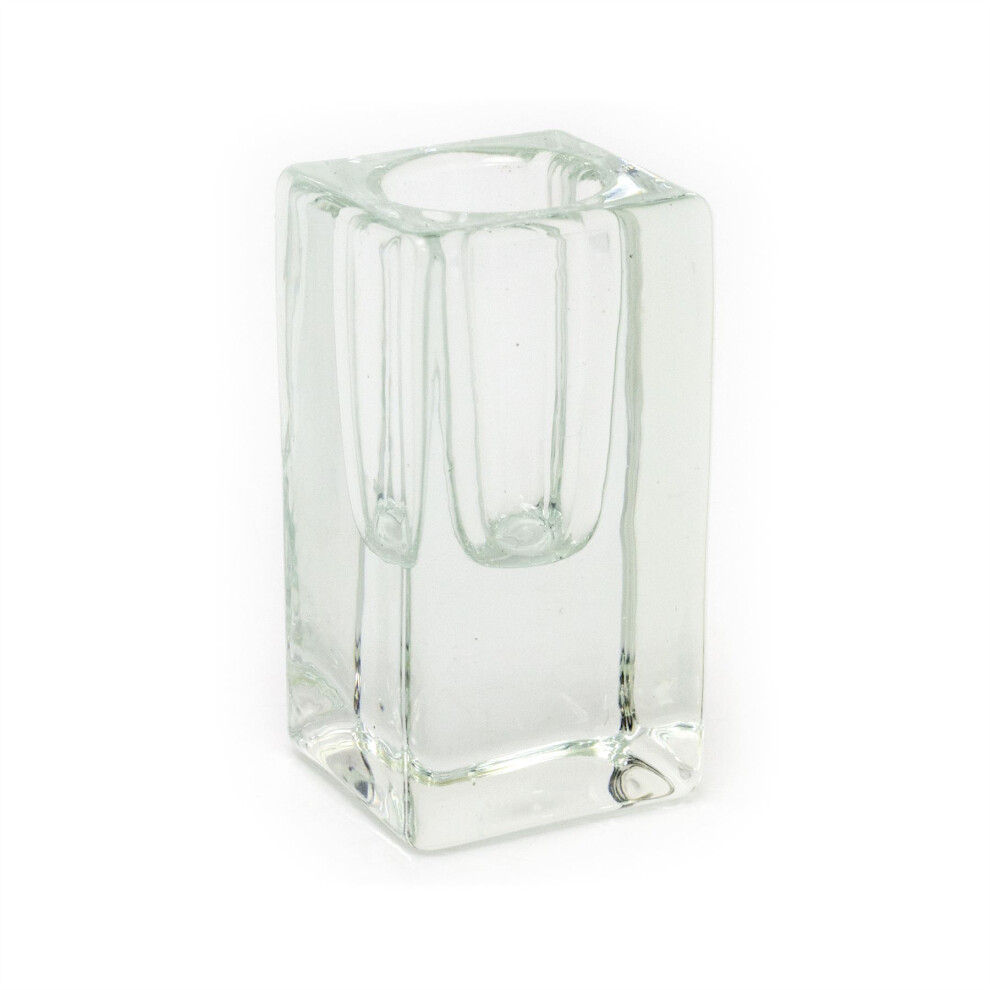 Clear Glass Candlestick | Tapered Dinner Candle Holder Candle Stand | Square Glass Candle Holder - 8cm