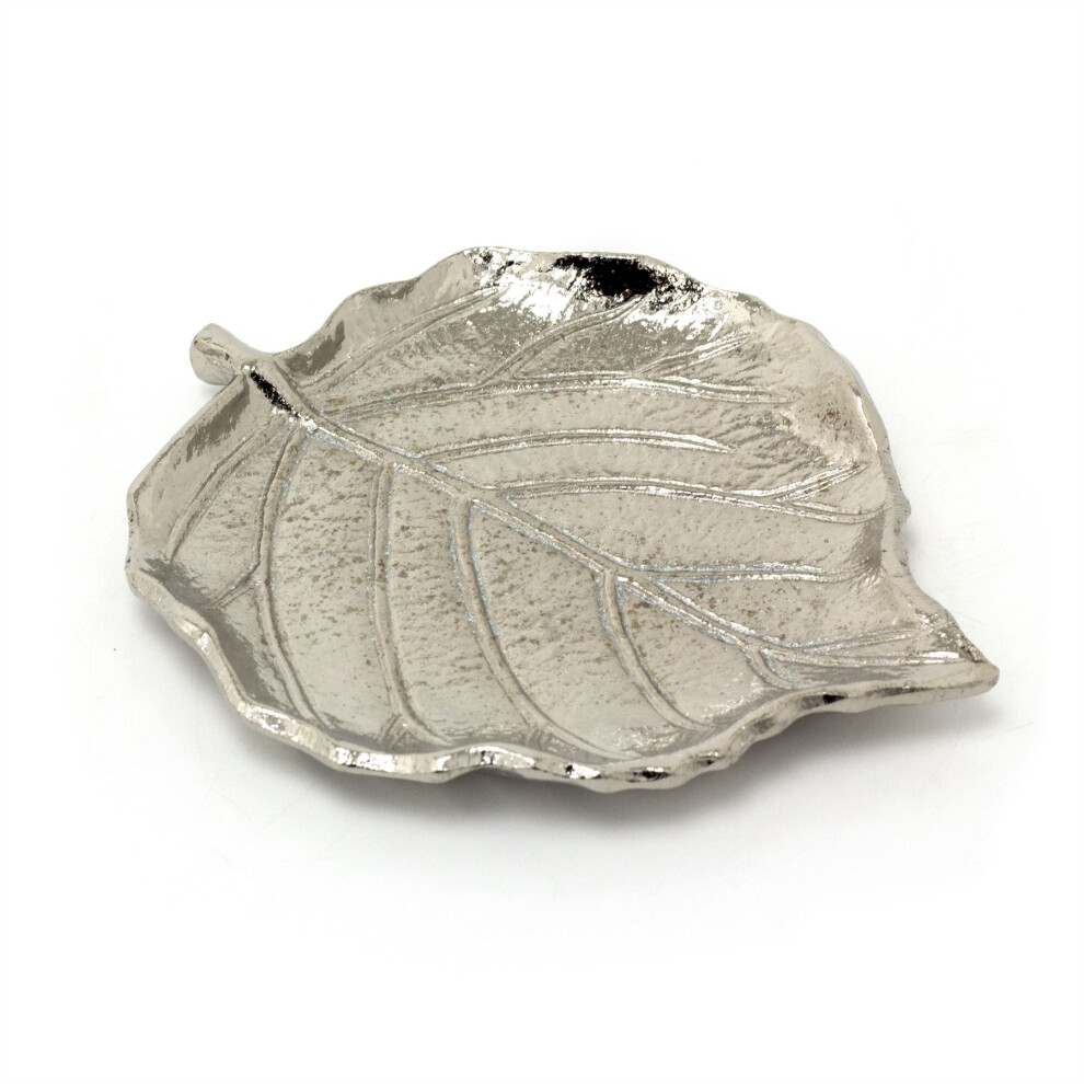 Silver Leaf Trinket Dish | Trinket Tray Silver Metal Storage Display Vanity Dish | Silver Aluminium Embossed Leaf Shaped Trinket Tray