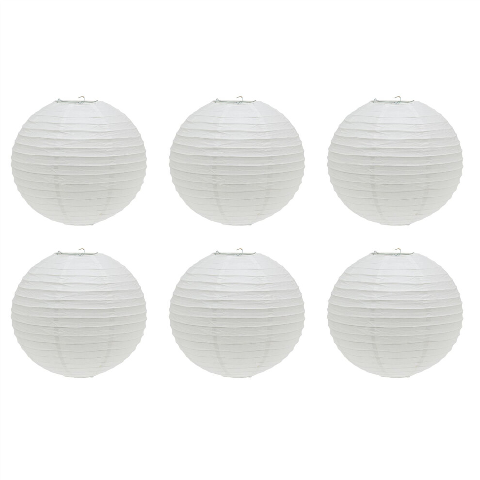 Pack Of 6 Round White Paper Light Shade Lantern | Classic Bamboo Style Ribbed Paper Lampshade | Hanging Circle Ceiling Lightshade