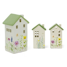 Floral House Tealight Holder | Ceramic House Shaped Tea Light Holder With Flowers | Meadow House Candle Holder - Design Varies One Supplied