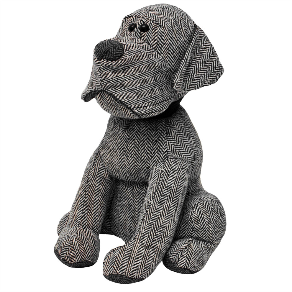 Carousel Monty Dog Doorstop | Herringbone Fabric Dog Door Stop | Decorative Weighted Puppy Dog Shaped Door Stopper - 27Cm Grey