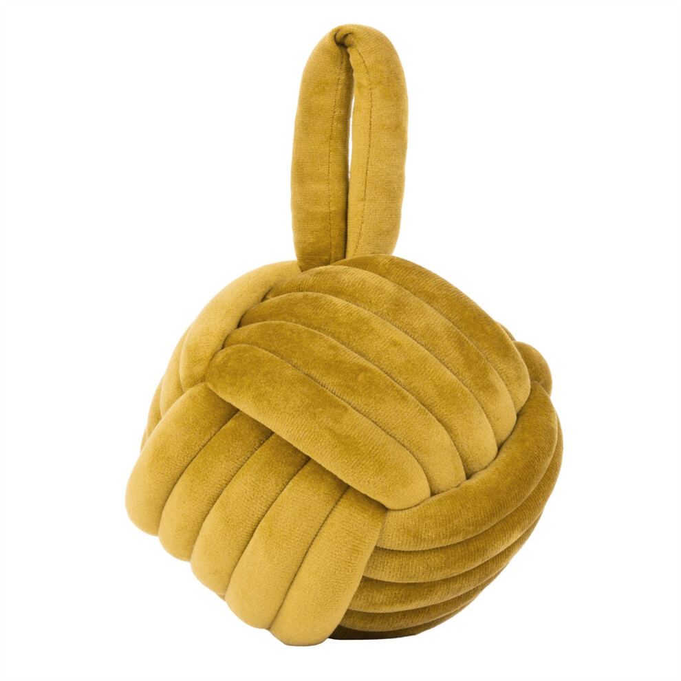 Ochre Chunky Fabric Nautical Knot Doorstop | Coastal Seaside Monkey's Fist Door Stop | Decorative Ochre Velvet Beach Knot Door Stopper Ball - 14cm