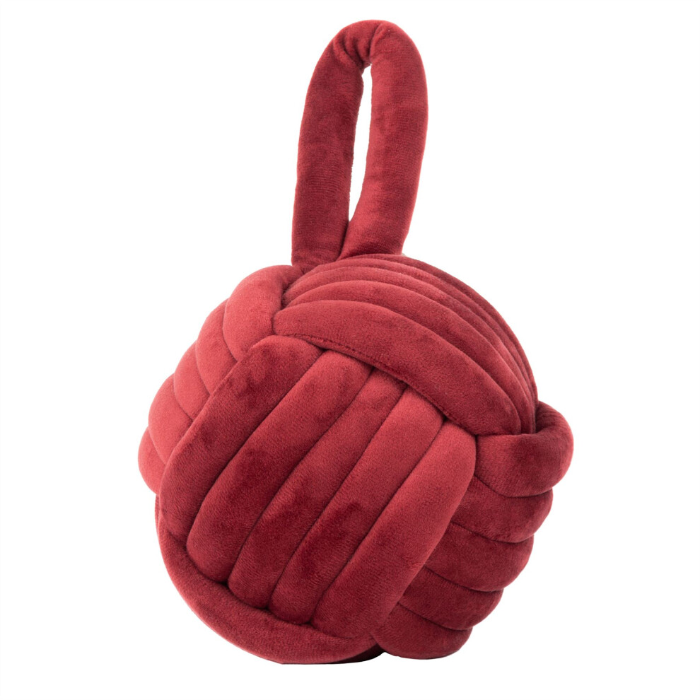 Red Chunky Fabric Nautical Knot Doorstop | Coastal Seaside Monkey's Fist Door Stop | Decorative Red Velvet Beach Knot Door Stopper Ball - 14cm