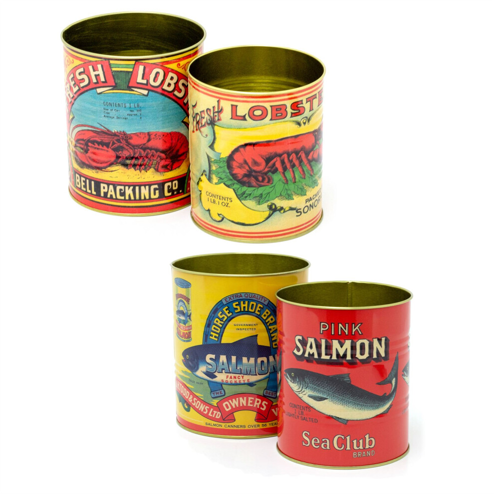 Set Of 4 Retro Style Vintage Lobster & Salmon Storage Tins | 4 Piece Replica Food Tins Decorative Tinned Fish Cans | Metal Storage Tins