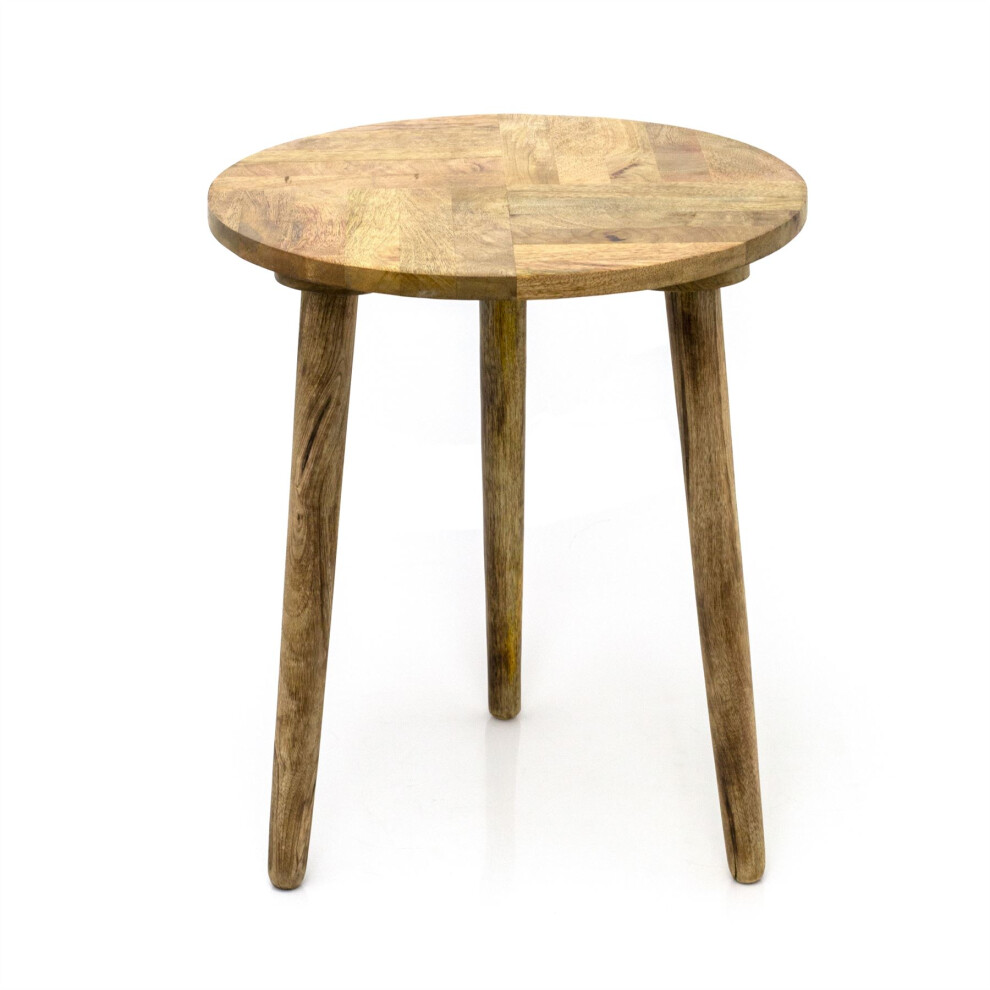 Marquetry Round Table | Mango Wood Herringbone Design Side Table | Wooden Pedestal Table End Table For Living Room - 40x47cm